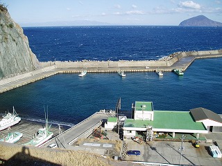 新島「若郷漁港と利島」 写真