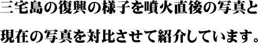 三宅島の復興の様子を噴火直後の写真と現在の写真を対比させて紹介しています。