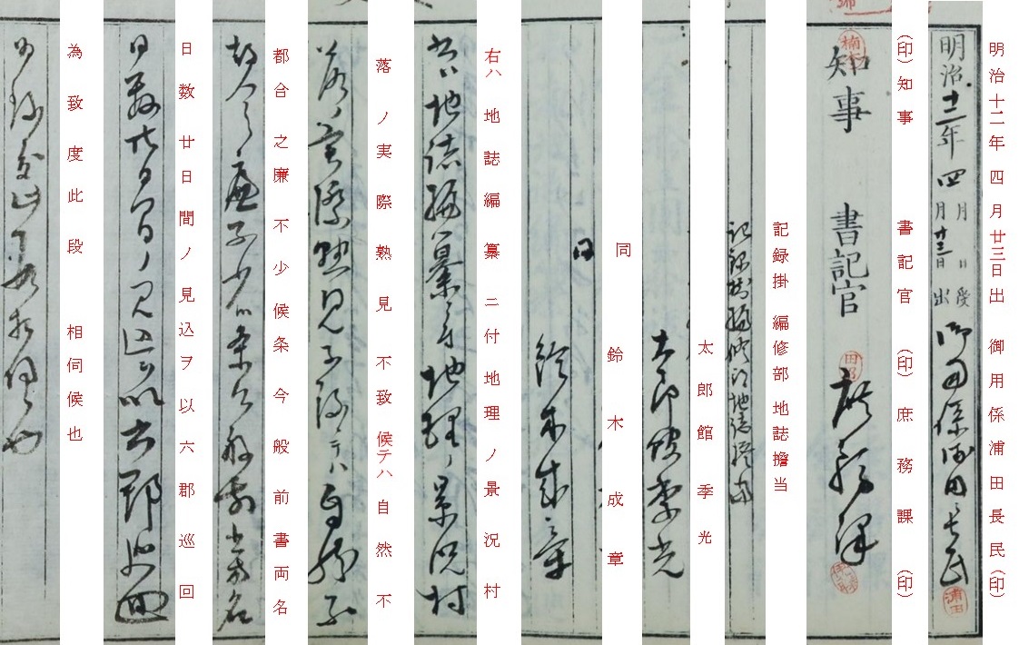 出典：東京府文書「太郎舘季光外１名地理の景況実見として６郡巡回の義伺」／『文牒彙載・第１２号　〈記録掛編修部〉』（請求番号６１０．Ｄ２．０８）2