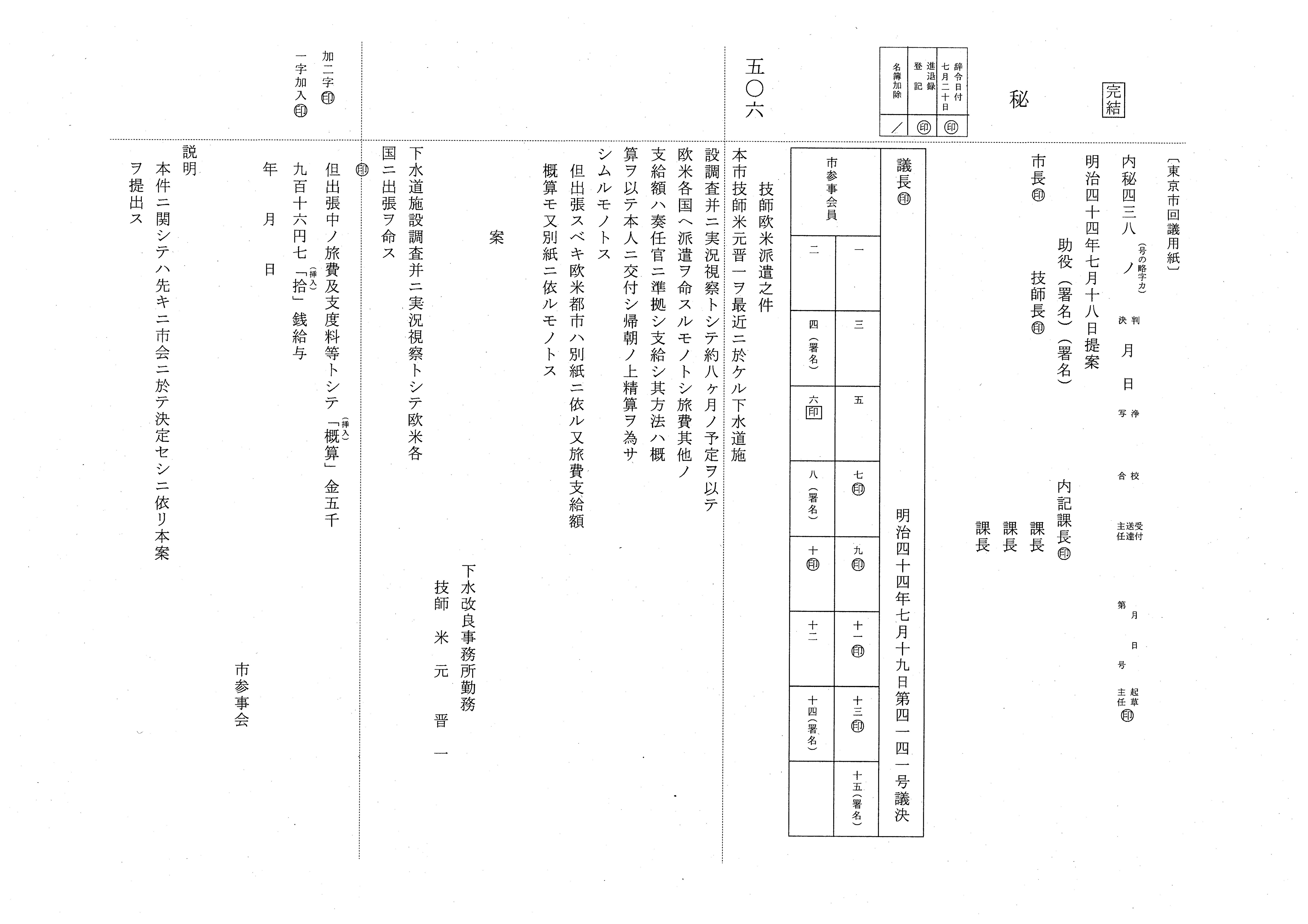 「下水道施設調査並実況視察として欧米各国に出張を命す　下水改良事務所技師　米元晋一」解読文