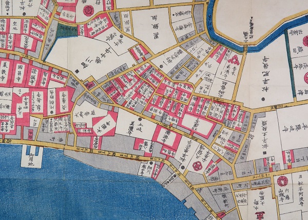 図２　三田聖坂部分「芝高輪辺絵図　全」（内題：芝三田二本榎高輪辺絵図）（請求番号：６５４－０２－０３－０２（ＺＧ－０５３））