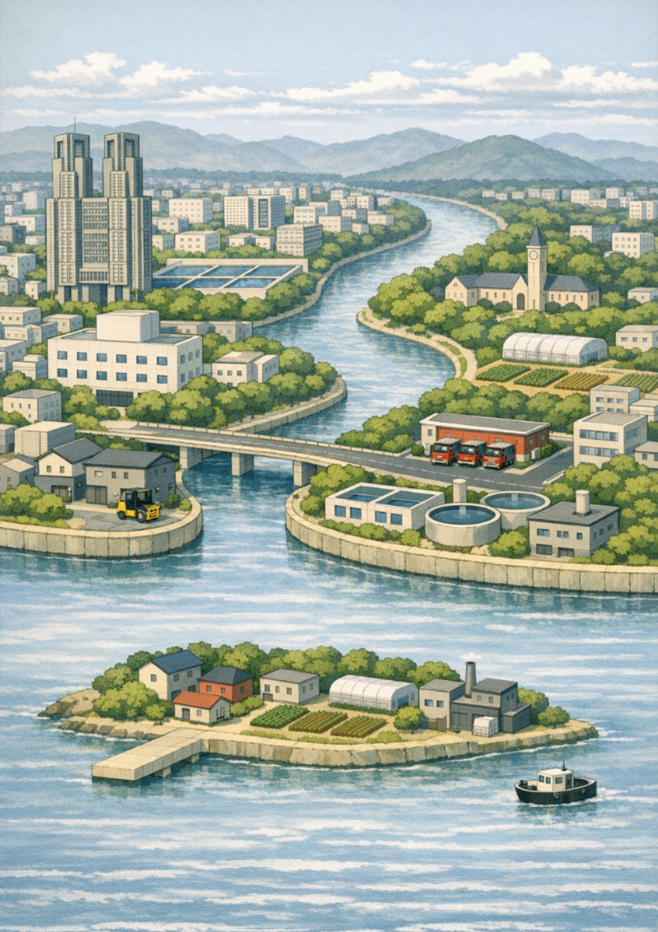 東京都の街並みを描いたイラスト地図。13の試験研究機関の位置を表示しています。